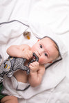 3 Pc Newborn Essential Set - Hooded Towel, Swaddle + Toy Rattle - Berkeley Haven