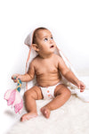 3 Pc Newborn Essential Set - Hooded Towel, Swaddle + Toy Rattle - Berkeley Haven